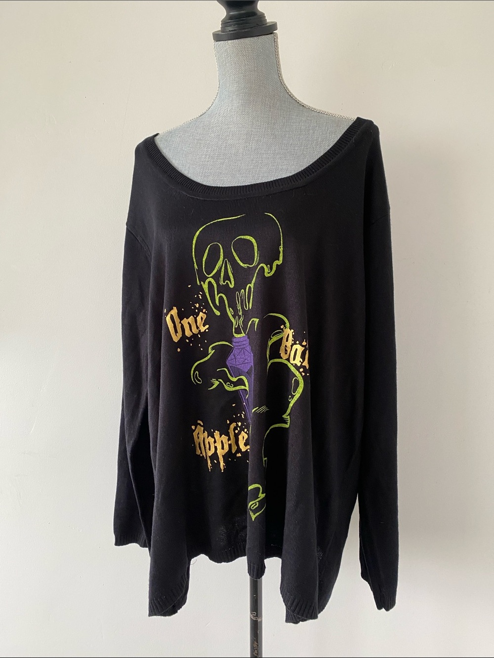 Disney Gold One Bad Apple Black Off-Shoulder Sweater Metallic Green Purple Green